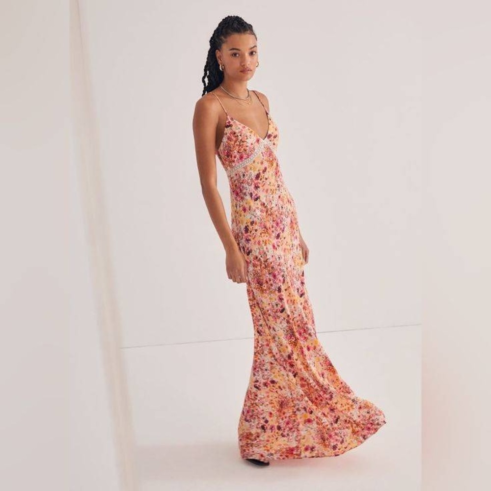 Favorite Daughter Blackberry Dress Floral Maxi Pink Yellow Lace Trim V-Neck Sz M